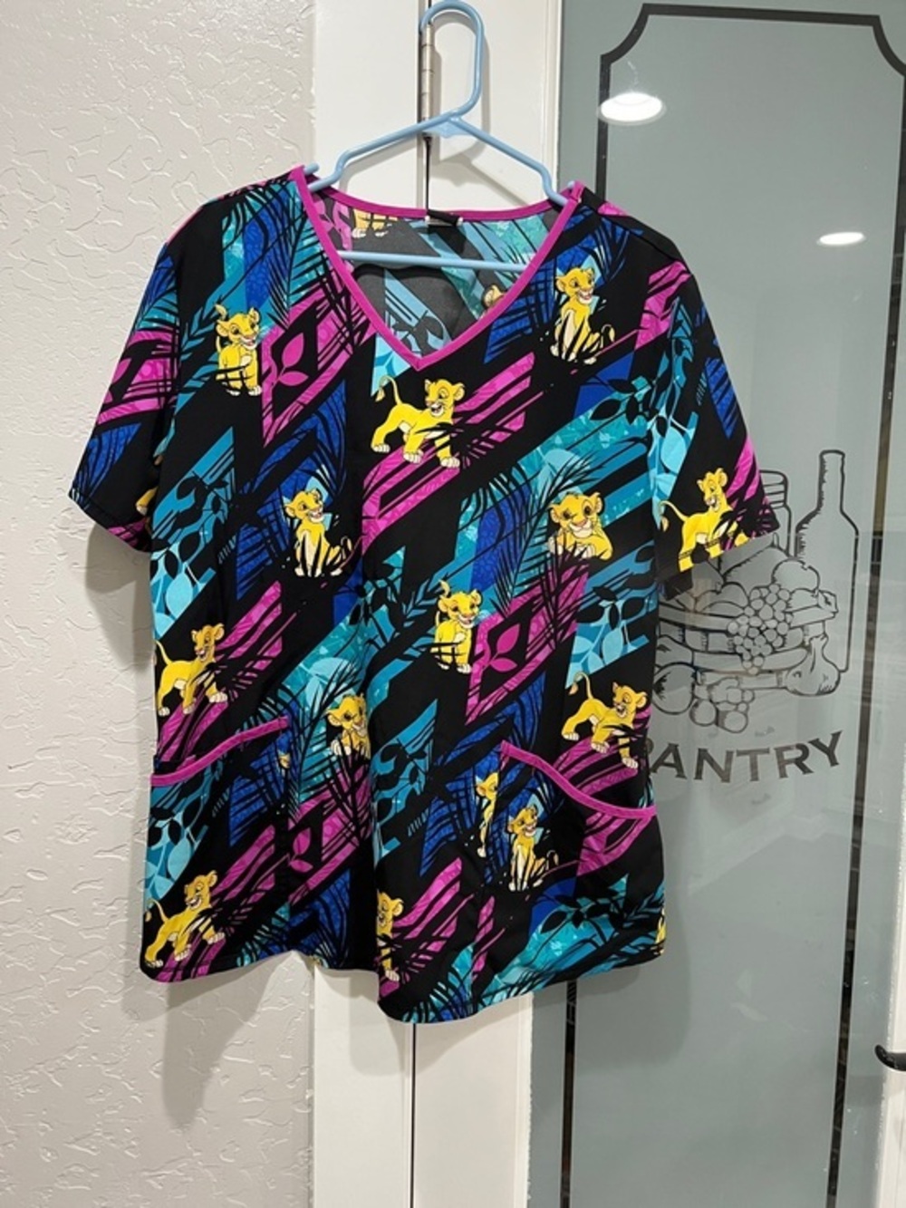 Disney V-Neck Scrub Top with Yellow Lion Print - Black/Blue/Purple/Pink
